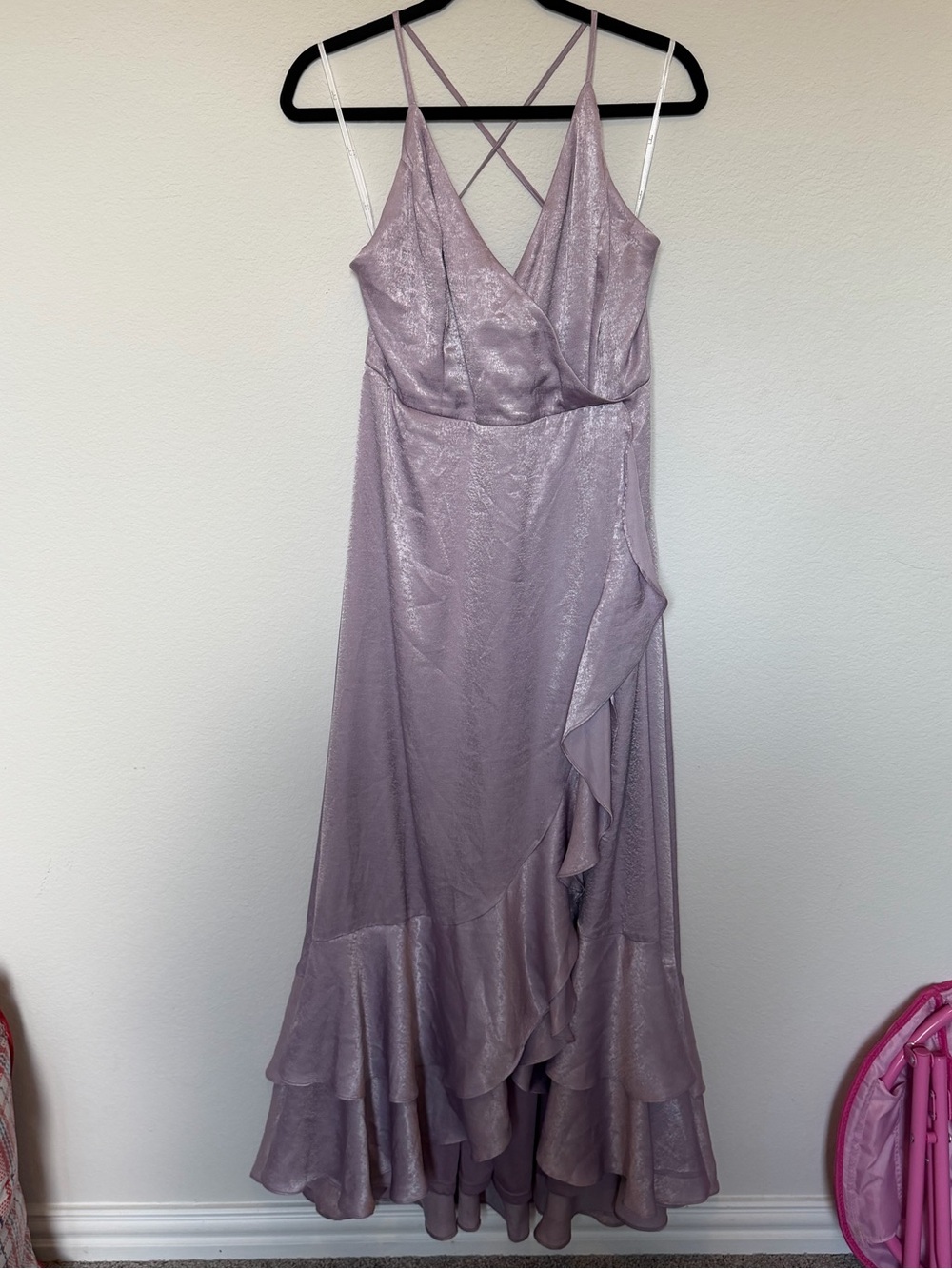 Lulu's Lavender Satin High-Low Ruffle Maxi Dress - Picture 3 of 5